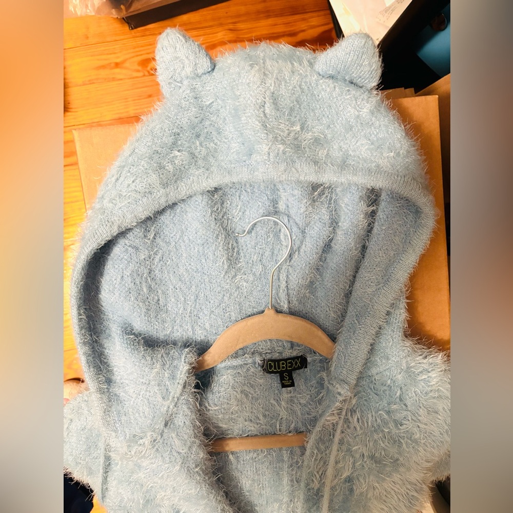 Club Exx Fuzzy Blue Hooded Cat Ear Sweater Romper - Picture 4 of 5